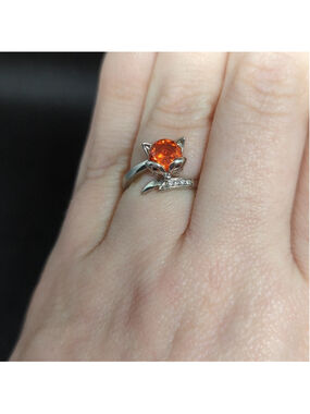 Silver Tone Orange and Clear Rhinestone Dainty Delicate Fox Statement Ring 6.75